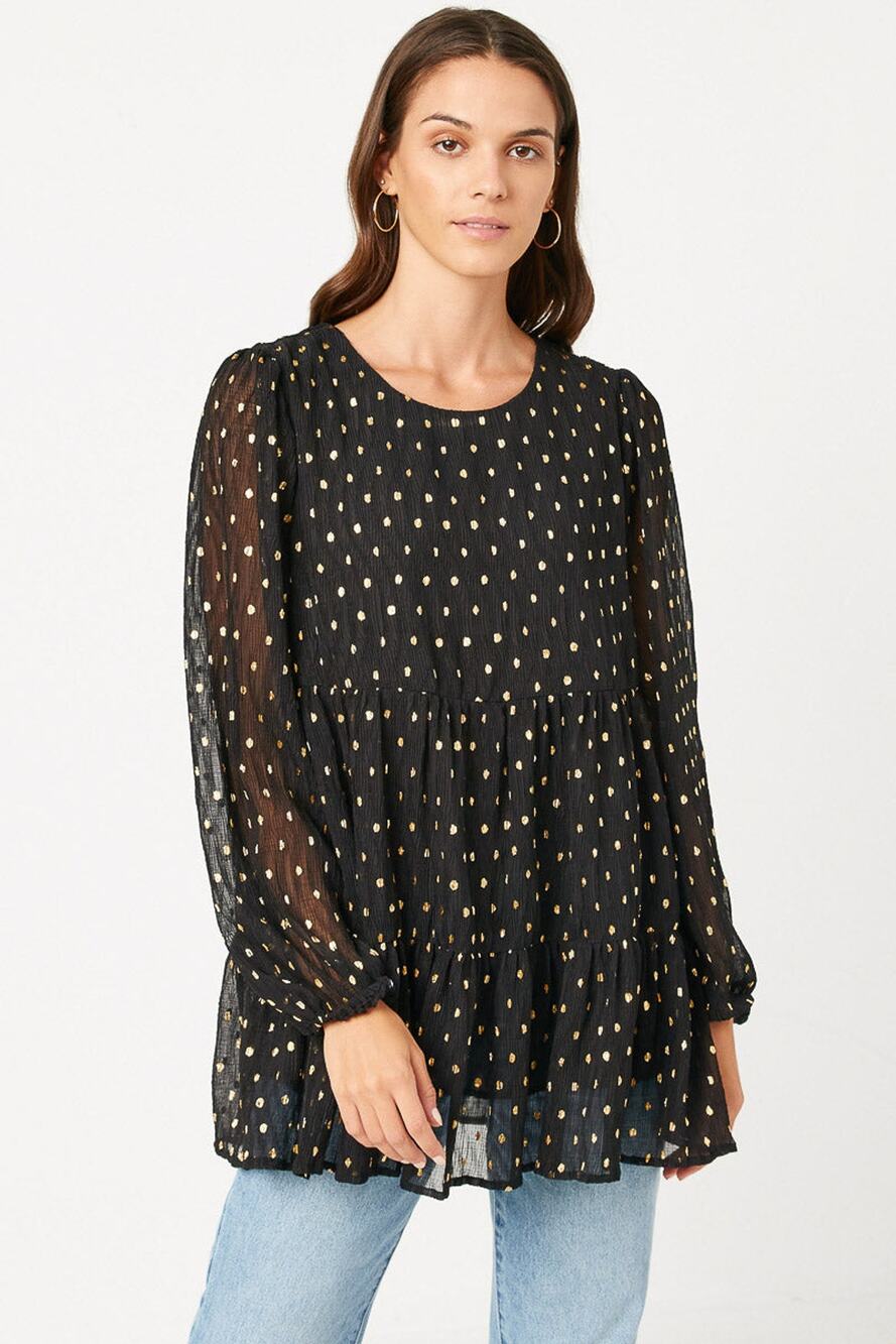 HAYDEN Goldie Misses Black Gold Metallic Dot Baby Tiered Tunic Top Medium